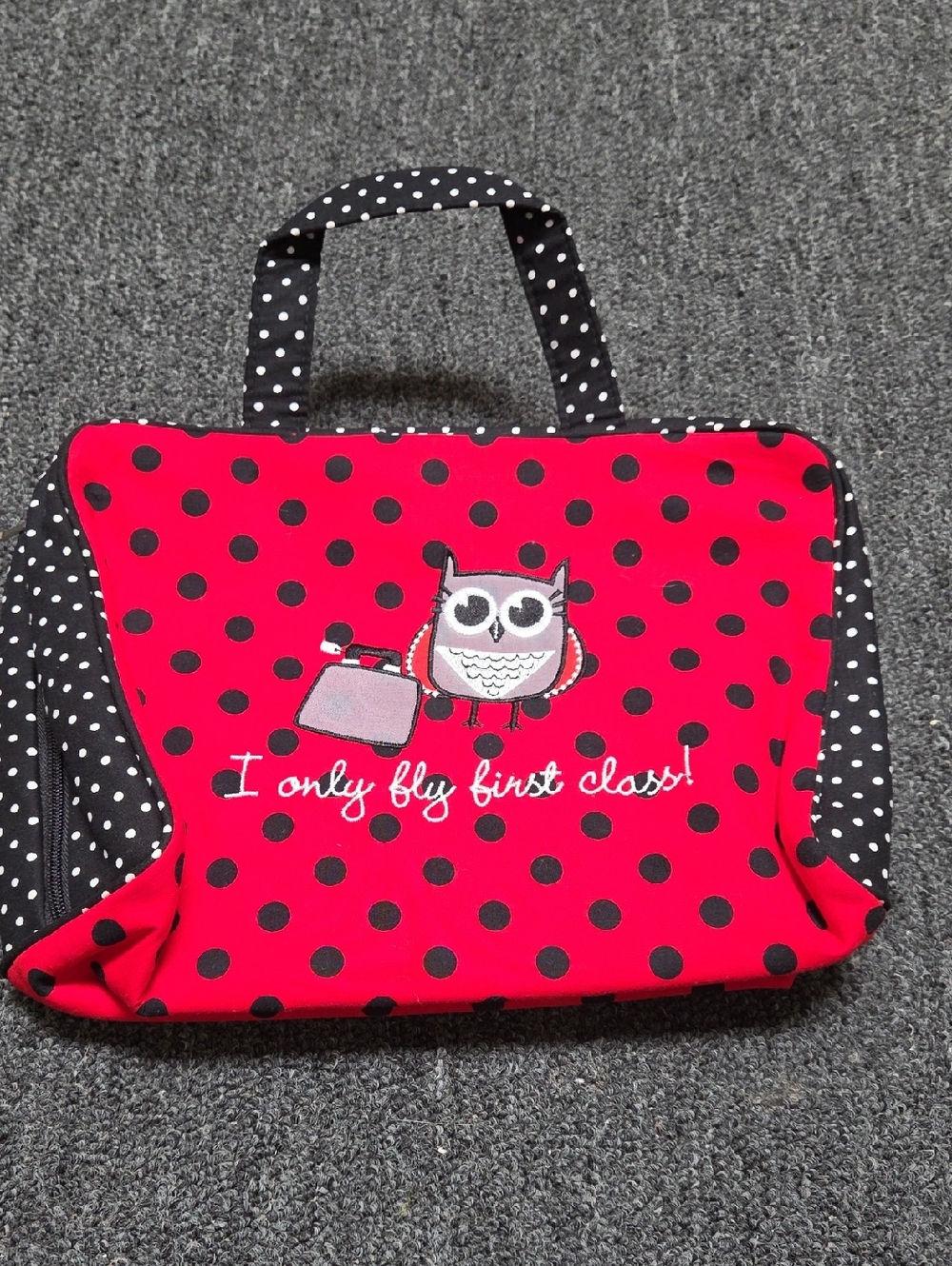 Red Polka Dot Travel Tote Bag with Owl Accent